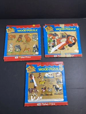 3 Vintage Fisher Price Wooden Children's Farm Animals Animal Friends Dogs in Box - Image 1 of 4