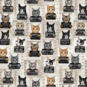 Feline Drive Stoff QUIRKY CATS Katze Mugshots beige - Fat Quarter (18"x22") FQ - Bild 1 von 8
