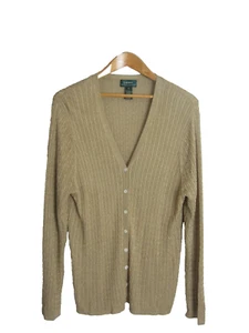 Vtg Ralph Lauren Womens Plus 3X Gold Metallic LS Cable V Neck Cardigan Rayon - Picture 1 of 10