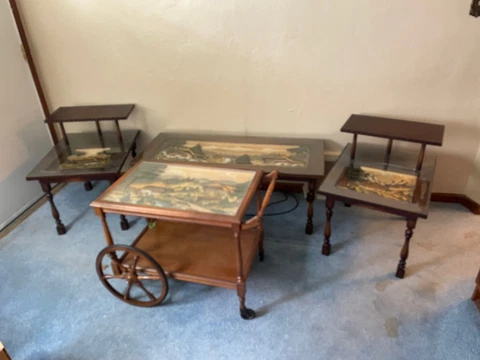 German Hand carved Black forest village Coffee table, 2 End tables, Cart, Bar Cover