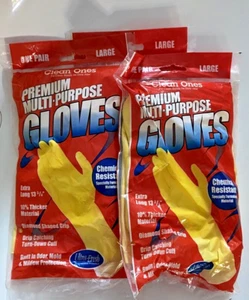 Clean Ones Premium Multipurpose Latex Gloves 3 PAIRS Non Slip Grip LARGE Yellow - Picture 1 of 3