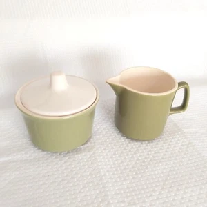 Avocado Green Creamer & Sugar Bowl Lodded Ironstone Retro Kitchen Coffee - Picture 1 of 6