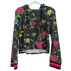Pam & Gela Floral Print Crop Hoodie Sweatshirt Womens Size Medium Raw Hem Cotton - Picture 1 of 10