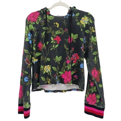 Pam & Gela Floral Print Crop Hoodie Sweatshirt Womens Size Medium Raw Hem Cotton - Image 1 of 4