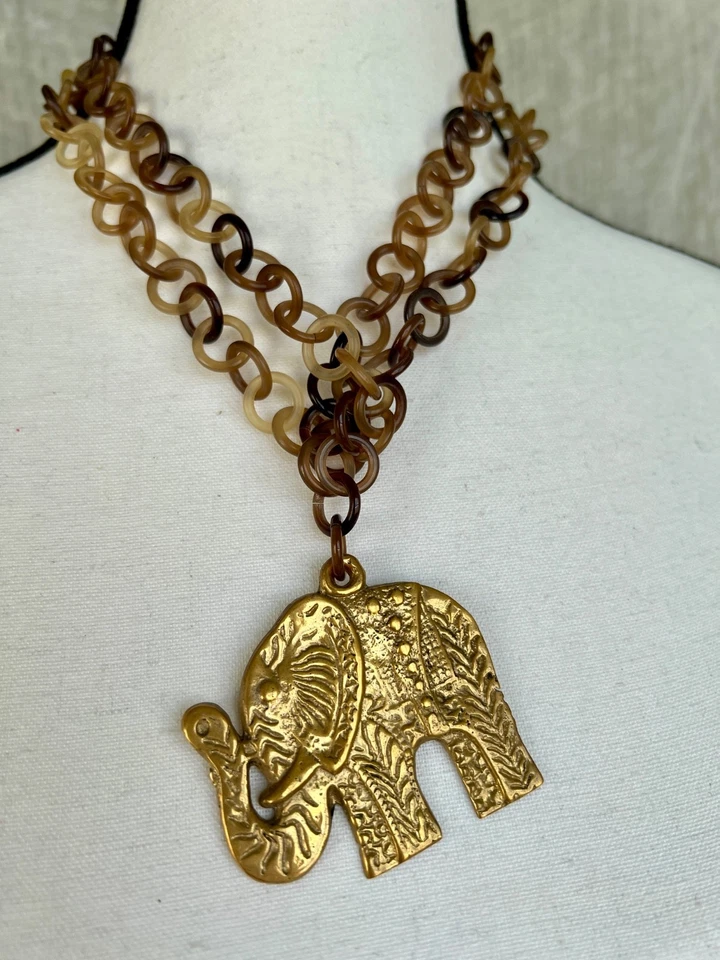 Buffalo Horn Link Necklace with Brass Elephant Pendant 40” Long - Image 1 of 4