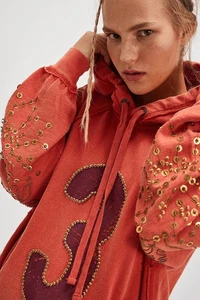 Free People Sparkle Daze Kango Hoodie Embellished We The Free Red Combo L NEW - Picture 1 of 5