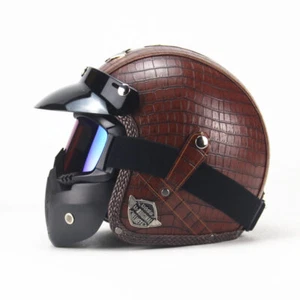 DOT Motorcycle Helmet Open Face with Face Mask Brown PU Leather Scooter Helmet - Picture 1 of 6