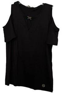 MICHAEL KORS Top Cold Shoulders 🎁❤️V-neck w/Buckle Short Sleeve sz.L Black NWT - Picture 1 of 8