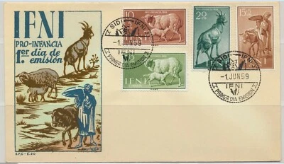 Spain Ifni Sc. 86 - 87, B41 - B42 Goat Ewe Lamb Donkey on 1959 FDC - Image 1 of 2