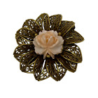 Vintage Flower Brooch Filigree Gold Tone Pink Lucite Center Pin