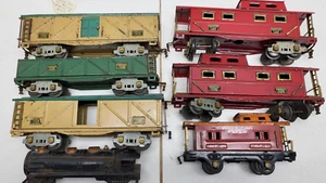 LOT OF 6 AMERICAN FLYER O GAUGE FREIGHT CARS, CABOOSES, BOX CARS, GONDOLA - Picture 1 of 24