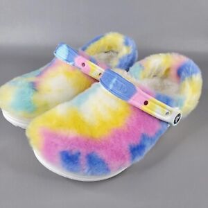 New Crocs Classic Fur Sure Tie Dye Multi Colored Lined Clog Shoes Size 8 Womens