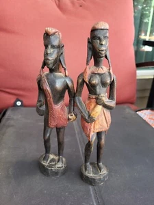 Antique African Couple Tribe Figurine Carved Wooden Statue Vintage Handmade X2 - Picture 1 of 8