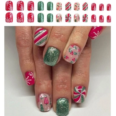 24Pcs Christmas Press on Nails Square Short False Nails Winter False Nails - Image 1 of 4
