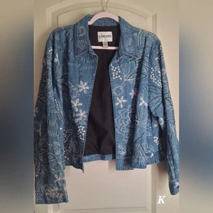 Chico's Embroidered Denim Jacket with White Floral Design Sz XL WESTERN FORMAL - Picture 1 of 11