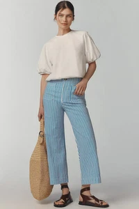 Anthropologie Colette Crop Linen Pants Wide Leg Maeve Blue Stripe Size 29 NEW - Picture 1 of 8