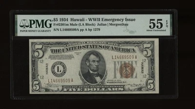 DBR 1934 $5 FRN Hawaii Mule Fr. 2301m PMG 55 EPQ Serial L14669509A - Image 1 of 2