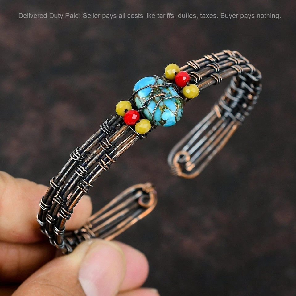 Brazalete Brazalete Cobre Azul Turquesa Piedra Amarillo Y Rojo Coral Cuentas Cobre Foto 1 de 4
