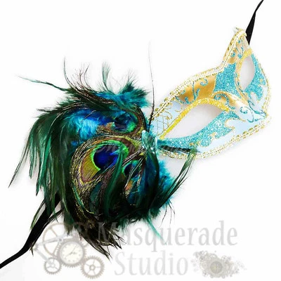 Women's Peacock Feathered Venetian Mardi Gras Masquerade Mask [Teal/Gold] - Image 1 of 4
