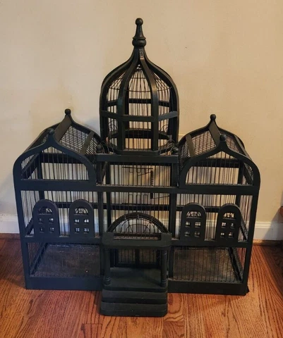 HUGE Wood & Metal Wire Dome Black Bird Cage House Taj Mahal Style 32" H x 27" W Cover