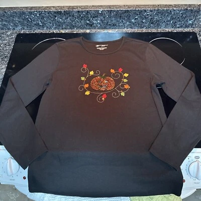 Camisa Pullover Designer’s Originals Studio Otoño Calabaza Lentejuelas y Hojas Talla S Foto 1 de 4