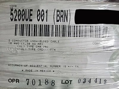 Cable elevador Belden Wire 5200UE 16/2C control de medios/altavoz/audio marrón/100 pies Foto 1 de 4