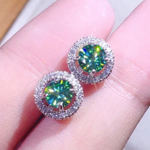 6MM Round Cut Green Moissanite Mix Color Women Jewelry Gift Silver Stud Earrings - Picture 1 of 6