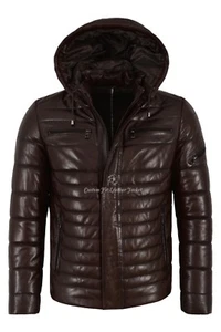 Men's Puffer Hooded Lambskin Leather Jacket Brown Real Napa Fully Quilted 2006 - Picture 1 of 11