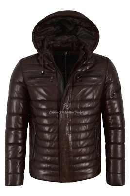 Men's Puffer Hooded Lambskin Leather Jacket Brown Real Napa Fully Quilted 2006 - Image 1 of 4