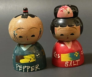 Vtg Japanese Kokeshi Doll Mid Century Wooden Salt And Pepper Shaker - Picture 1 of 12