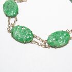 1940s Vintage 9K Yellow Gold Natural Carved Oval Green Jade Cameo Luck Bracelet