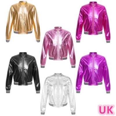 INHZOY UK Kid's Girl's Metallic Bomber Jacket Long Sleeve Coats Dance Tops Outerwears
