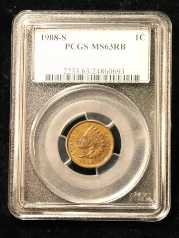 1908-S Indian Head Cent - PCGS MS63RB Cover