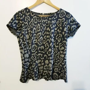 Ann Taylor Pleated Peplum Animal Print Navy Tan Blouse Petite S Leopard - Picture 1 of 7