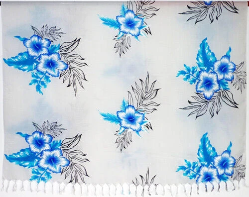 Sarong . Pareo . Wickeltuch Tuch Strandkleid . Blumen . weiß blau hellblau . NEU - Bild 1 von 1