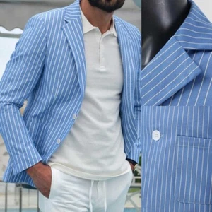 Herren Blauer Anzug Gestreifte Jacke Einreihiger Sakko Reversekragen Freizeit - Bild 1 von 14