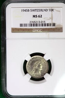 1945 B MS62 Switzerland 10 Rappen NGC #B49555 - Image 1 of 2
