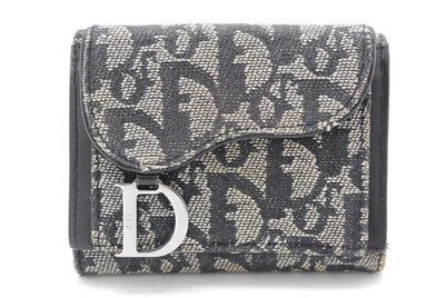 Cartera compacta Christian Dior Saddle cuero jacquard azul marino #A149 Foto 1 de 4