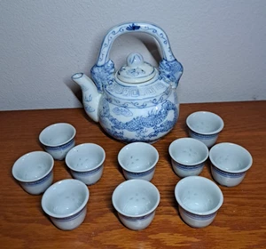 Vtg/Antique China Dragon Teapot Set w/ 10 Tiny Cups White Blue Handpainted Cafe - Picture 1 of 8