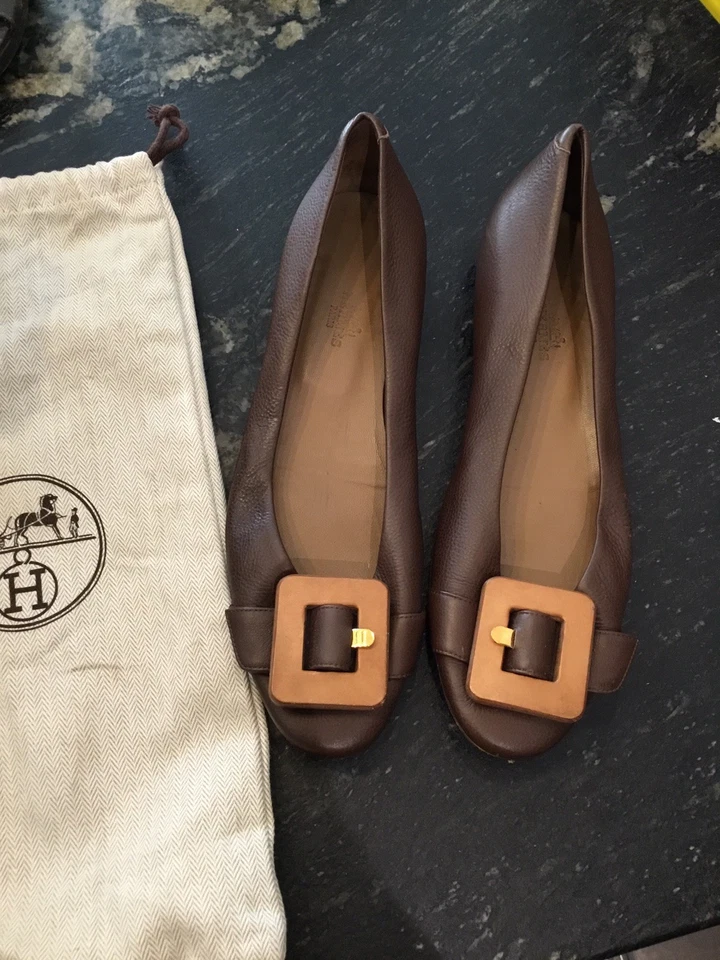 Très Belles Et Authentique Ballerines Cuir Marron Hermès Dustbag Tbe 38,5 - Photo 1/4