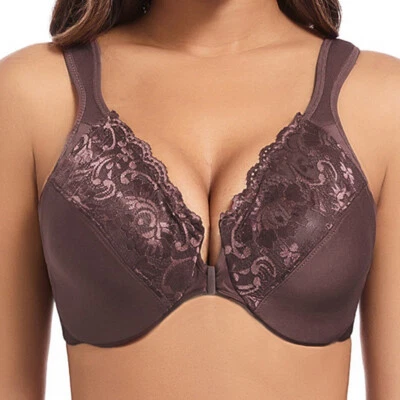 Women Bras Front Closure Unpadded Underwired Brassiere Lace Floral Sexy Lingerie - Image 1 of 4