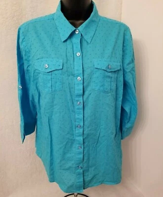 Camisa blusa Studio Works para mujer talla PL grande pequeña azul lunares Foto 1 de 4