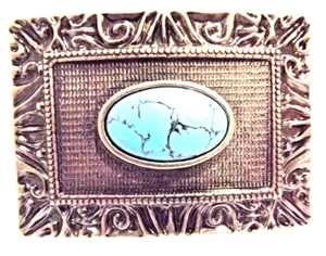 VTG Rectangle Belt Buckle Silver Tone Turquoise Color Stone Oval 3.1" X 2.25" - Picture 1 of 4