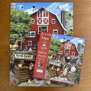SunsOut FRESH EGGS 500 Pc Jigsaw Puzzle LORI SCHORY Farm Chickens Roosters Barn - Picture 1 of 7