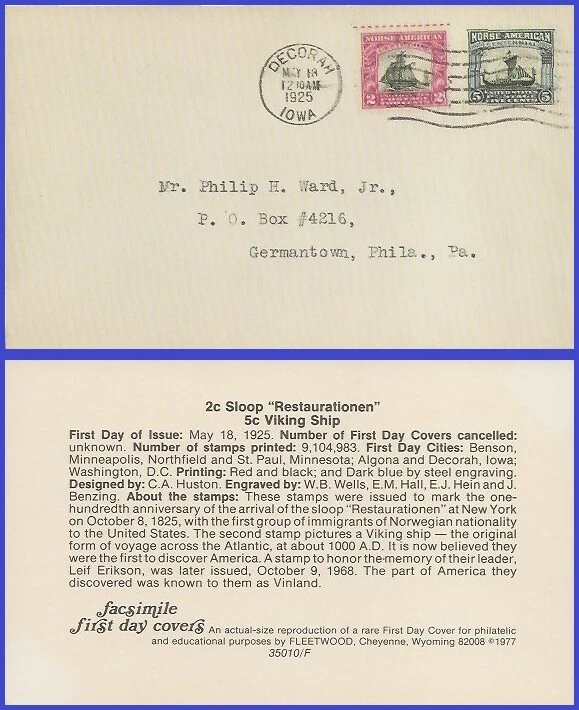 USA4 # 620-621 ADDR FACSIMILE FDC Combo2  1925 Norse-American Issue - Image 1 of 1