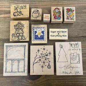 Wooden Rubber Stamp set Winter Snow Scenery CHRISTMAS Holidays Santa  Lot 11 