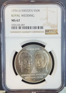 1976 SWEDEN SILVER 50 KRONOR 50K ROYAL WEDDING NGC MS 67 GEM BU - Picture 1 of 3