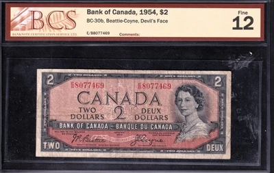 Canada 1954 $2 Two Dollar Devlis Face Banknote Beattie - Coyne BCS Graded F-12 - Image 1 of 2