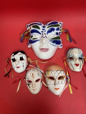Lote de 5 máscaras decorativas estilo abanico bufón payaso de cerámica estilo veneciano Foto 1 de 4
