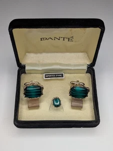 Vintage DANTÉ Men's Cuff Links And Tie Pin Set Green Stone Stunning In Box - Picture 1 of 7